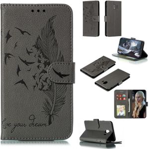 Feather Pattern Litchi Texture Horizontal Flip Leather Case with Wallet & Holder & Card Slots For Galaxy J4 (2018)(Gray)