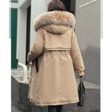 Mid-length Large Fur Collar Patded Coat Jacket (kleur: Khaki Size: L)
