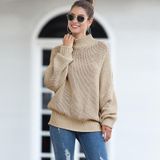 Fashion Edge Curl High Collar Knit Sweater (Color:Khaki Size:L)