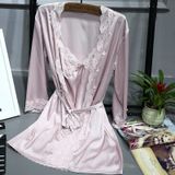 2 in 1 Ladies Lace Silk Sling Nightdress + Cardigan Nightgown Set (Color:LIGHT COFFEE Size:L)