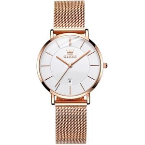 OLEVS 5869 dames zakelijke waterdichte stalen band quartz horloge (wit + roségoud)