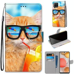 Voor Samsung Galaxy A42 5G Gekleurde tekening kruistextuur Horizontale Flip PU Lederen case met Holder & Card Slots & Wallet & Lanyard(Cat Drinking Soda)