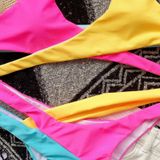 Cross Color Block Bikini Split Strap Swimsuit (Color:Red+Yellow Size:L)