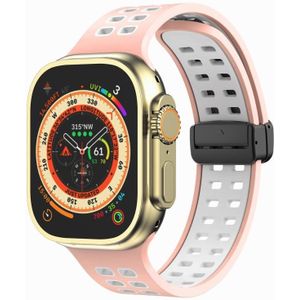 Magnetische vouwsluiting vierkante gaten siliconen horlogeband voor Apple Watch Ultra 49 mm / serie 8 & 7 45 mm / SE 2 & 6 & SE & 5 & 4 44 mm / 3 & 2 & 1 42 mm (roze wit)