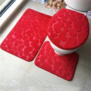 2 Sets Three-Piece Set Flannel Anti-Slip Kitchen Bath Toilet Rug Mat Washable Carpet(Red Heart)