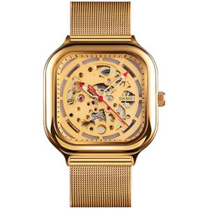 SKMEI 9184 Men Automatic Mechanical Watch Mesh with Hollow Square Tourbillon Student Watch (Gold)