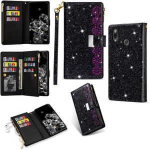 For Samsung Galaxy A40 Multi-card Slots Starry Sky Laser Carving Glitter Zipper Horizontal Flip Leather Case with Holder & Wallet & Lanyard(Black)