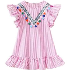 3 PCS Girls Neckline Tassel Vertical Stripes Ruffled Dress  Height:90cm(Pink)