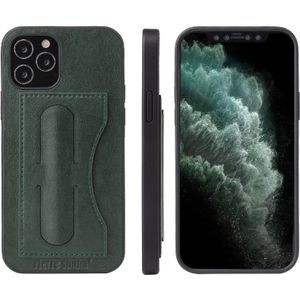 For iPhone 12 Pro Fierre Shann Full Coverage Protective Leather Case with Holder & Card Slot(Green)
