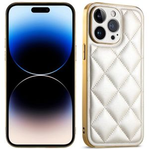Voor iPhone 14 Pro Suteni Electroplated Big Diamond Grid Leather Soft TPU Phone Case(White)