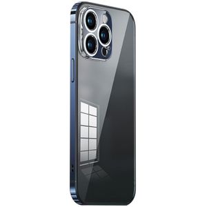 Voor iPhone 13 Pro Max roestvrij stalen frame transparant TPU telefoonhoesje (Sierra Blue)