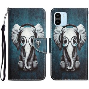 Voor Xiaomi Redmi A1 gekleurde tekening lederen telefoonhoes (oortelefoon olifant)