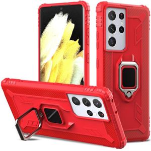 For Samsung Galaxy S21 Ultra 5G Carbon Fiber Protective Case with 360 Degree Rotating Ring Holder(Red)