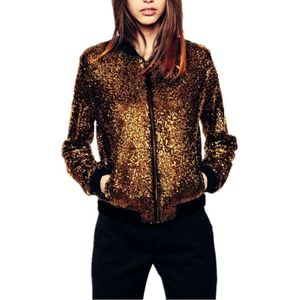 Women Wild Casual Sequin Jacket Short Coat (Color:Gold Size:S)