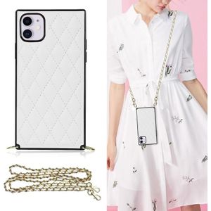 Elegant Rhombic Pattern Microfiber Leather +TPU Shockproof Case with Crossbody Strap Chain For iPhone 11(White)