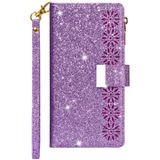 For Samsung Galaxy A40 Multi-card Slots Starry Sky Laser Carving Glitter Zipper Horizontal Flip Leather Case with Holder & Wallet & Lanyard(Purple)