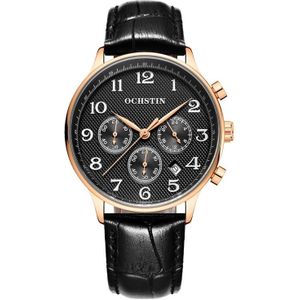 Ochstin 6050E multifunctioneel quartz heren lederen horloge (roségoud + zwart)