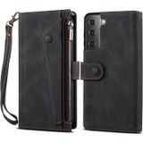 Voor Samsung Galaxy S22 5G Retro Frosted Horizontale Flip Lederen Telefoonhoesje Met Houder & Card Slot & Portemonnee & Rits Pocket & Lanyard (Zwart)