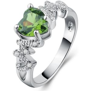 925 Sterling Silver Women Heart Pattern Diamond Ring  Ring Size:10(Green)