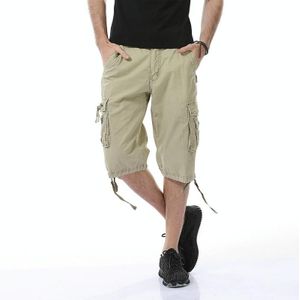 Summer Multi-pocket Solid Color Loose Casual Cargo Shorts for Men (Color:Khaki Size:31)