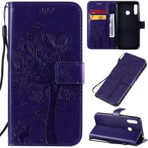 For Galaxy A70e Tree & Cat Pattern Pressed Printing Horizontal Flip PU Leather Case with Holder & Card Slots & Wallet & Lanyard(Purple)