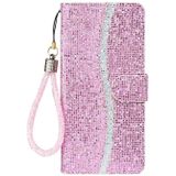 For Samsung Galaxy S21 FE Glitter Powder Horizontal Flip Leather Case with Card Slots & Holder & Lanyard(Pink)