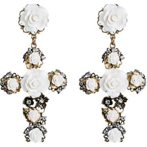 2 Pairs Baroque Rose Flower Cross Long Earrings Vintage Earrings(White)