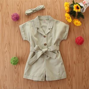 Girls Short-sleeved Single-breasted Jumpsuit (Color:Lake Green Size:140)