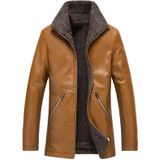 Men Casual Lapel Warm Leather Coat (Color:Khaki Size:M)