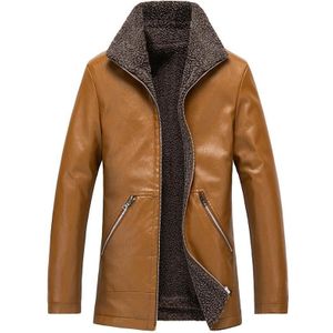 Men Casual Lapel Warm Leather Coat (Color:Khaki Size:M)