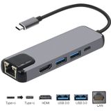 5 in 1 Type-C to HDMI + USB 3.0 + USB 3.0 + Type-C + LAN Card Reader Adapter(Grey)