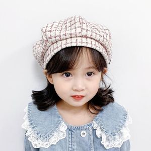 MZ9676 Girls Plaid Beret Spring And Autumn Children Hat  Size: 48-50cm(Purple Pink )