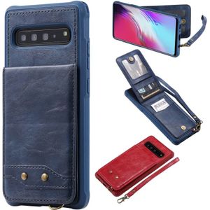 For Galaxy S10 5G Vertical Flip Shockproof Leather Protective Case with Short Rope  Support Card Slots & Bracket & Photo Holder & Wallet Function(Blue)
