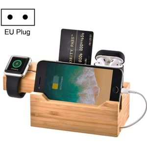 Multi-function Bamboo Charging Station Charger Stand Management Base with 3 USB Ports  For Apple Watch  AirPods  iPhone  EU Plug