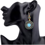 2 Pairs Ethnic Sun Flower Style Rhinestone Earrings Long Earbobs(Gold+Light Blue)