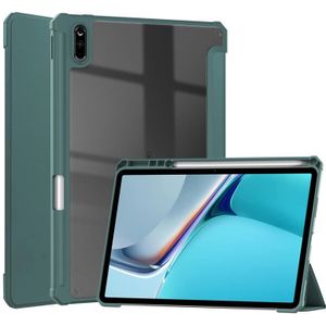 For Huawei MatePad 11 2021 Three-fold Transparent TPU Horizontal Flip Leather Case with Pen Slot & Three-fold Holder & Sleep / Wake-up Function(Dark Green)
