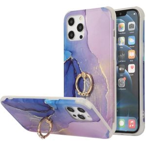 Four Corners Shocproof Flow Gold Marble IMD Back Cover Case with Metal Rhinestone Ring For iPhone 13 mini(Dark Blue)