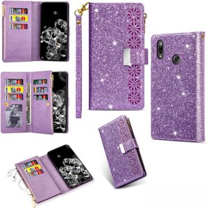 For Huawei P20 lite Multi-card Slots Starry Sky Laser Carving Glitter Zipper Horizontal Flip Leather Case with Holder & Wallet & Lanyard(Purple)
