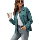 Revers lange mouwen corduroy jas shirt losse casual vest jack voor dames (kleur: groen maat: L)