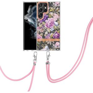 Voor Samsung Galaxy S23 Ultra 5G Flowers and Plants Series IMD TPU Telefoonhoes met Lanyard (Purple Peony)