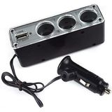 3 Triple Socket 12V/24V Car Cigarette Lighter USB Power(Black)