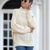Fashion Edge Curl High Collar Knit Sweater (Color:White Size:S)