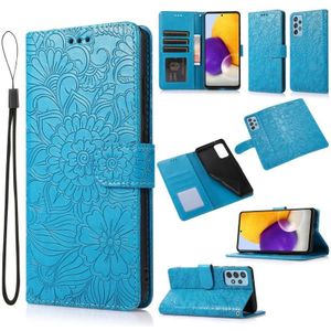 For Samsung Galaxy A72 5G / 4G Skin Feel Embossed Sunflower Horizontal Flip Leather Case with Holder & Card Slots & Wallet & Lanyard(Blue)