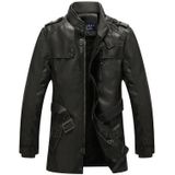 Men Long Style Leather Jacket Coat (Color:Black Grey Size:XL)