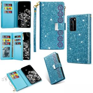 For Huawei P40 / P40 Pro Multi-card Slots Starry Sky Laser Carving Glitter Zipper Horizontal Flip Leather Case with Holder & Wallet & Lanyard(Sky Blue)
