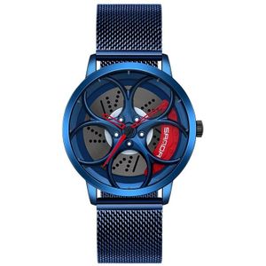 Sanda 1070 3D Ovaal Hol Wiel Niet-roteerbaar Dial Quartz Horloge voor Mannen  Stijl: Mesh Riem (blauw rood)