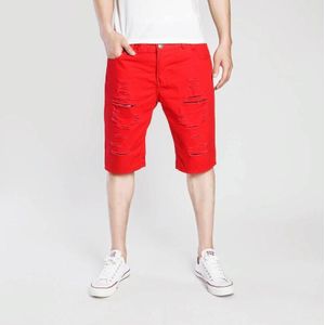 Summer Casual Ripped Denim Shorts for Men (Color:Red Size:L)