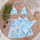 3 in 1 Lace-up Halter Backless Bikini Ladies Tie-Dye Split Swimsuit Set with Mesh Short Skirt (Color:Sky Blue Size:M)