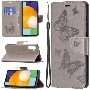 Voor Samsung Galaxy A13 5G Embossing Two Butterflies Pattern Lederen Telefoonhoesje Met Houder & Card Slot & Wallet & Lanyard (Gray)