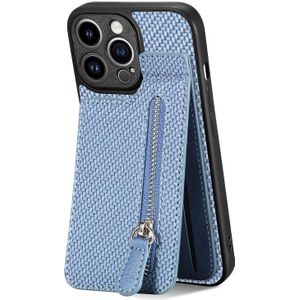 Voor iPhone 13 Pro Koolstofvezel Verticale Flip Rits Telefoon Case(Blauw)